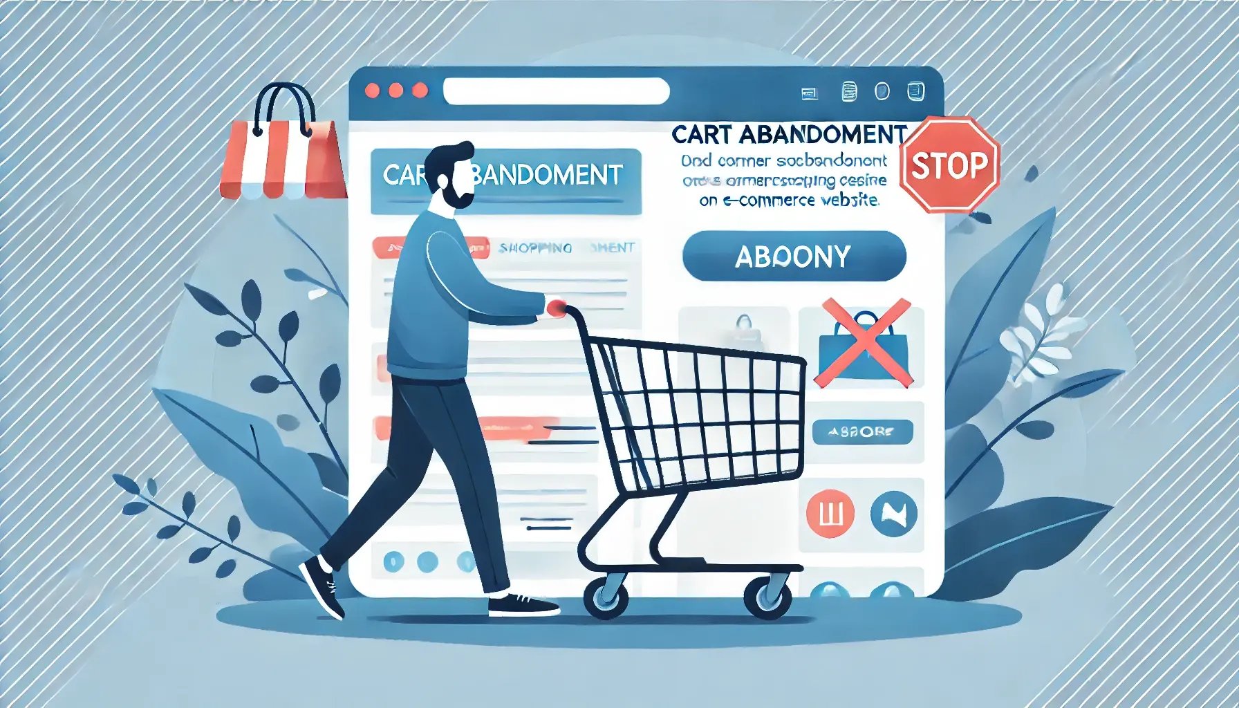 DALL·E 2025-03-02 17.52.50 - An illustration showing a customer abandoning an online shopping cart on an e-commerce website, highlighting the issue of cart abandonment clearly and