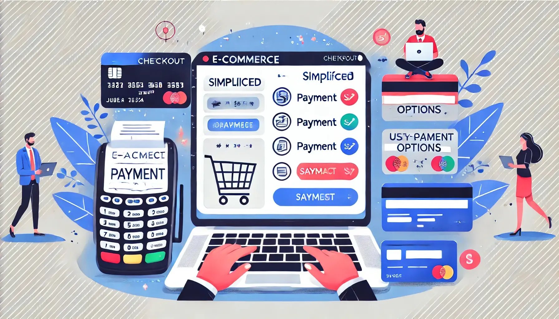 DALL·E 2025-03-02 17.52.58 - Illustration depicting an e-commerce checkout page simplified for easier payment, showing multiple payment options clearly, emphasizing user-friendly 