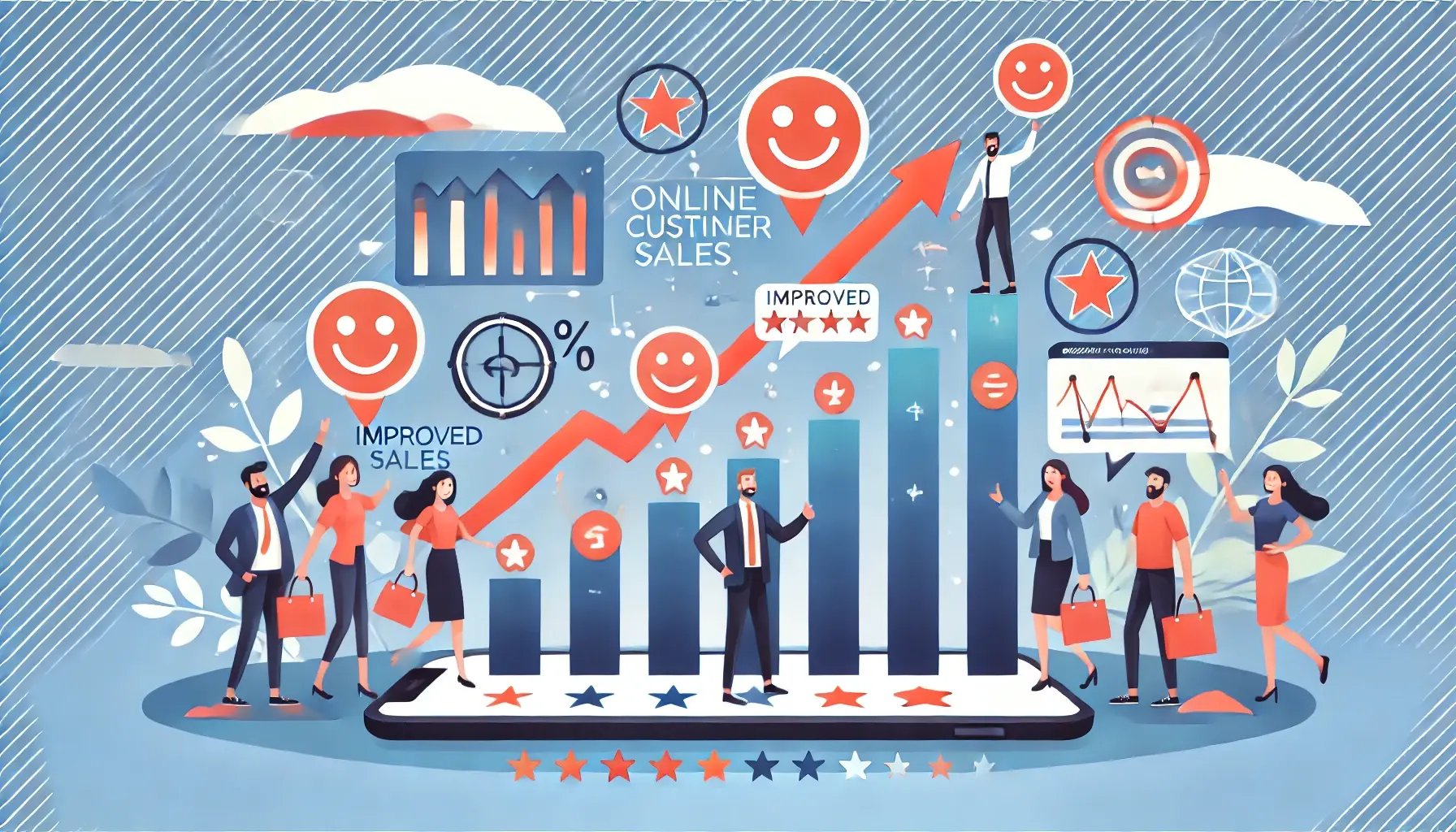 DALL·E 2025-03-02 17.53.08 - An illustration showing improved online sales and customer satisfaction, represented by rising graphs, happy customers, and positive feedback symbols