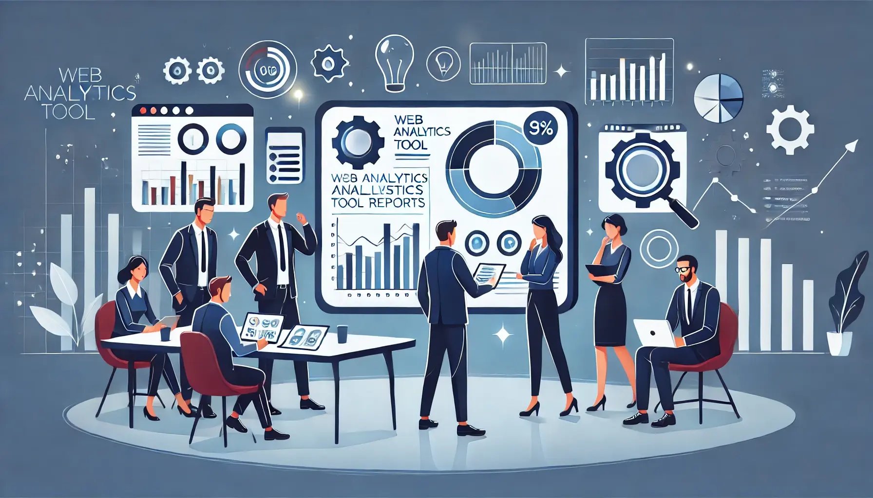 DALL·E 2025-03-02 21.16.57 - Illustration depicting a business team evaluating and discussing web analytics tool reports and data visualizations on screens, highlighting clear and