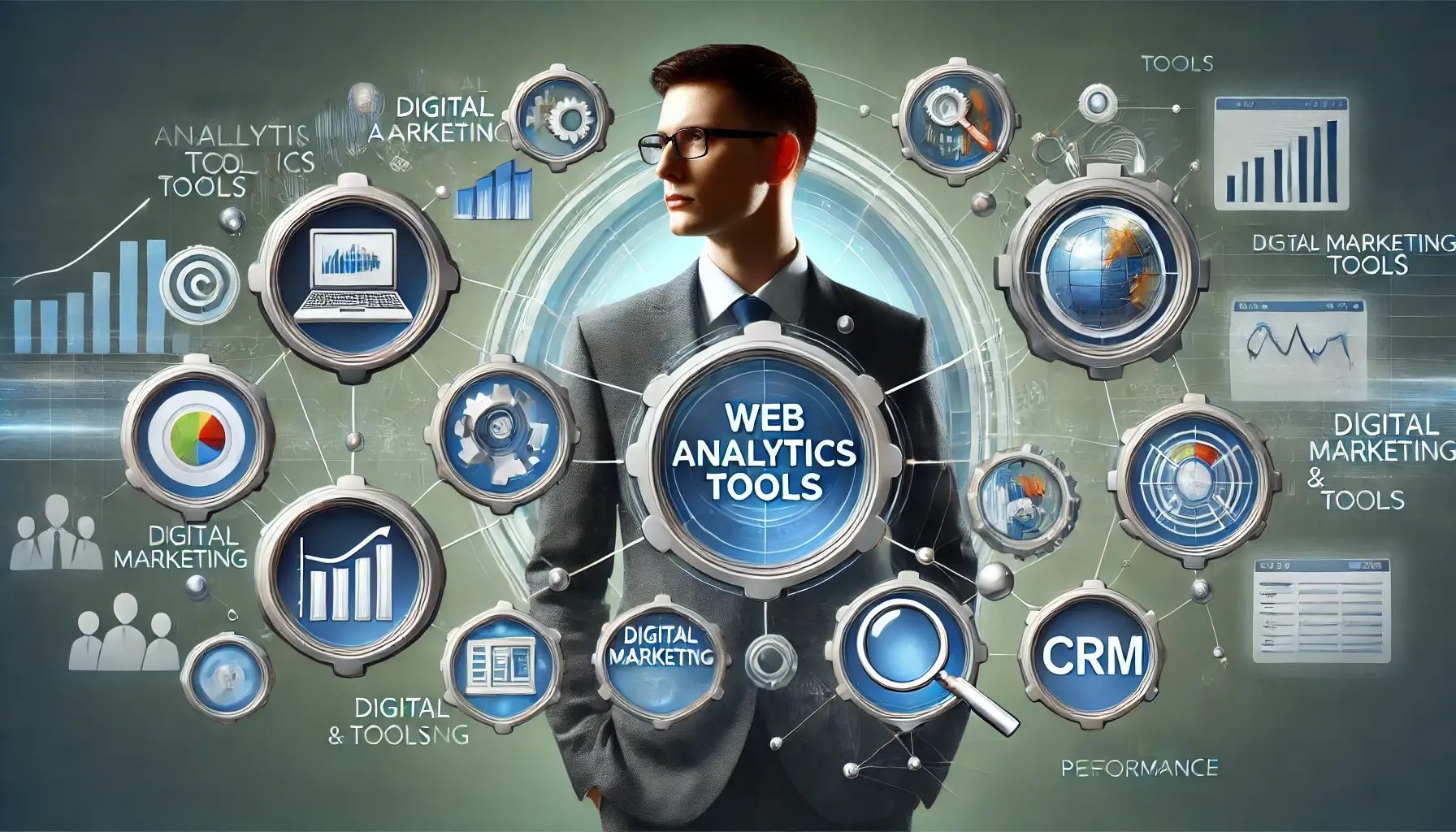 DALL·E 2025-03-02 21.17.01 - A conceptual illustration showing seamless integration of web analytics tools with other digital marketing and CRM tools, emphasizing connectivity and