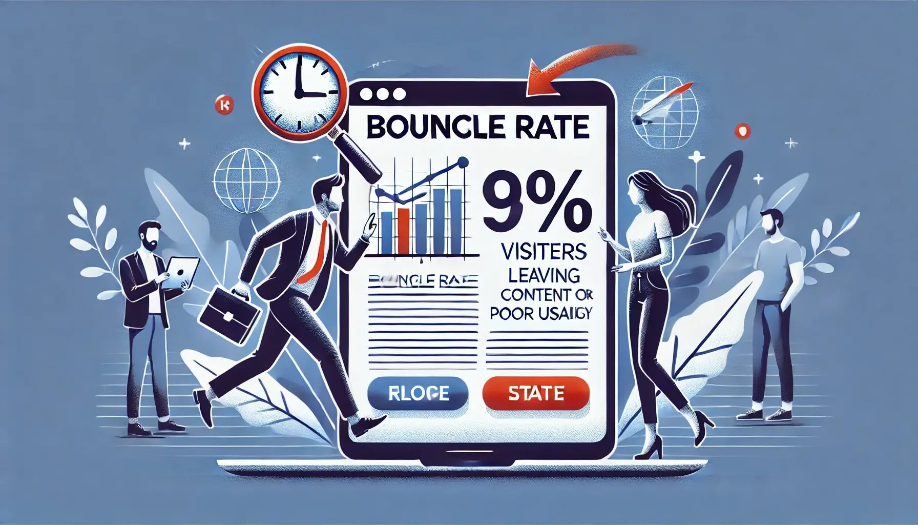 DALL·E 2025-03-02 22.38.56 - An illustrative graphic clearly demonstrating the concept of bounce rate, showing visitors quickly leaving a webpage due to unclear content or poor us